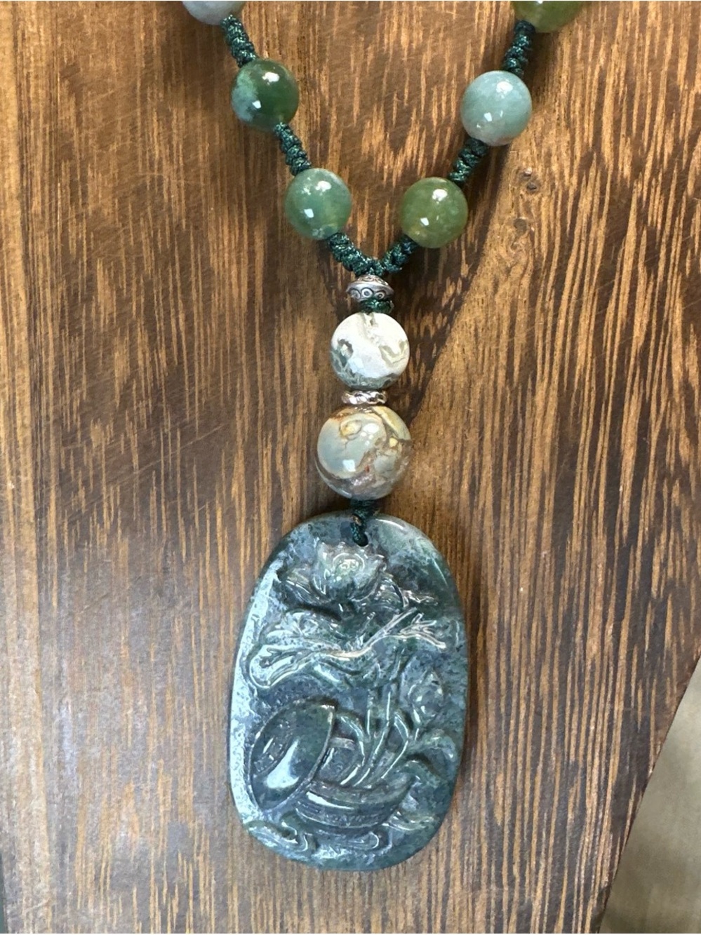 Moss Agate Potted Flower Carving Pendant  Necklace on Colorful Beaded Rope - Picture 3 of 13